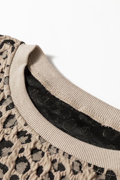 Textured Leopard Print Ribbed Trim Long Sleeve Top