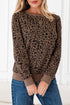 Textured Leopard Print Ribbed Trim Long Sleeve Top