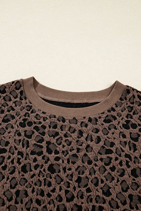 Textured Leopard Print Ribbed Trim Long Sleeve Top