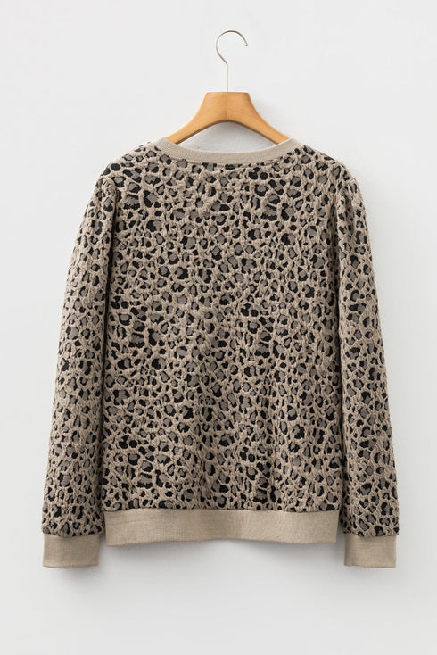 Textured Leopard Print Ribbed Trim Long Sleeve Top