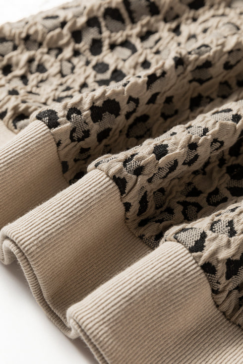 Textured Leopard Print Ribbed Trim Long Sleeve Top