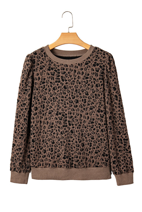 Textured Leopard Print Ribbed Trim Long Sleeve Top
