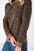 Textured Leopard Print Ribbed Trim Long Sleeve Top
