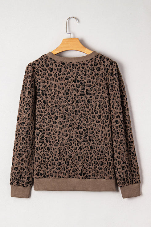 Textured Leopard Print Ribbed Trim Long Sleeve Top