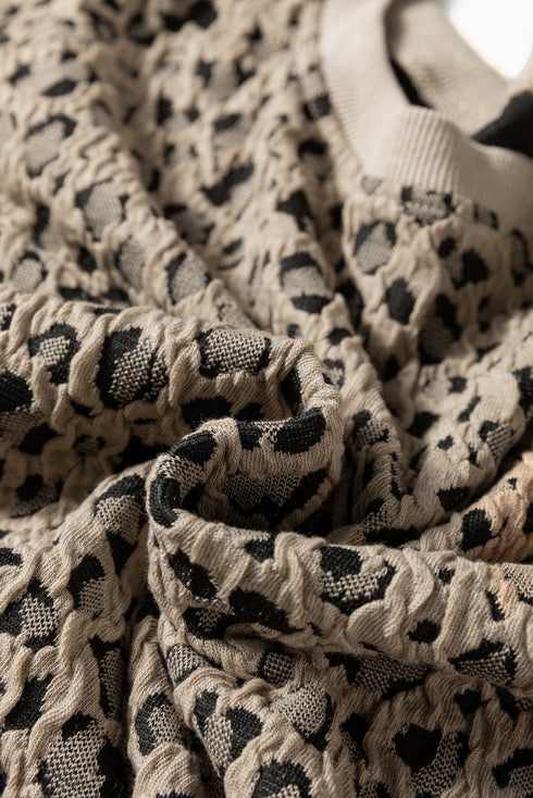Textured Leopard Print Ribbed Trim Long Sleeve Top