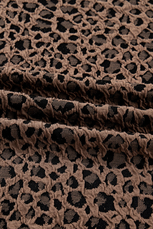 Textured Leopard Print Ribbed Trim Long Sleeve Top