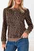 Textured Leopard Print Ribbed Trim Long Sleeve Top