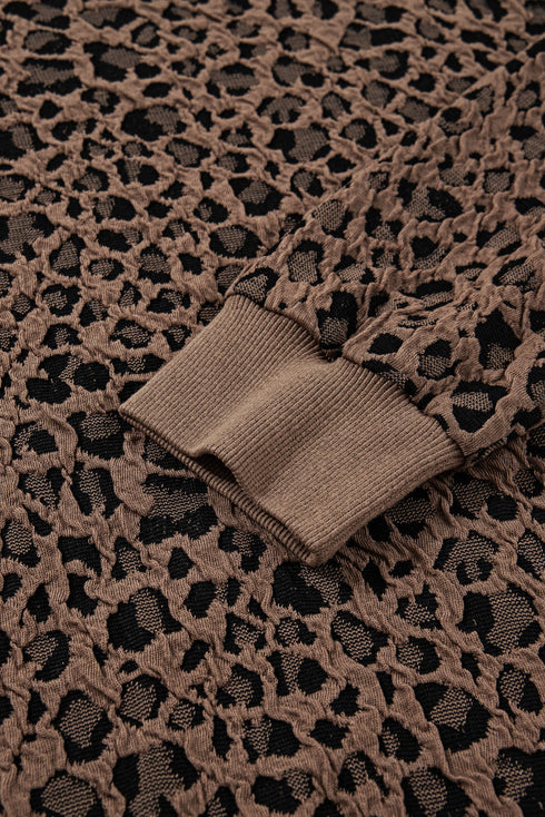 Textured Leopard Print Ribbed Trim Long Sleeve Top