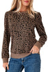 Textured Leopard Print Ribbed Trim Long Sleeve Top
