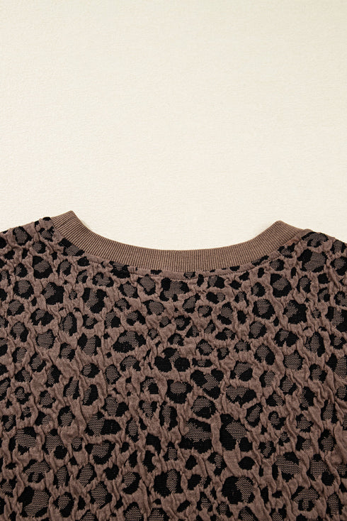 Textured Leopard Print Ribbed Trim Long Sleeve Top
