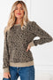 Textured Leopard Print Ribbed Trim Long Sleeve Top