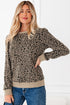Textured Leopard Print Ribbed Trim Long Sleeve Top