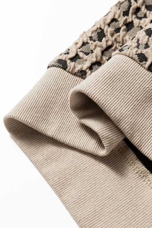 Textured Leopard Print Ribbed Trim Long Sleeve Top