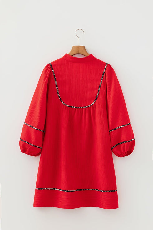 Textured Leopard Print V Neck Long Sleeve Shift Mini Dress
