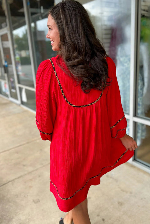 Textured Leopard Print V Neck Long Sleeve Shift Mini Dress
