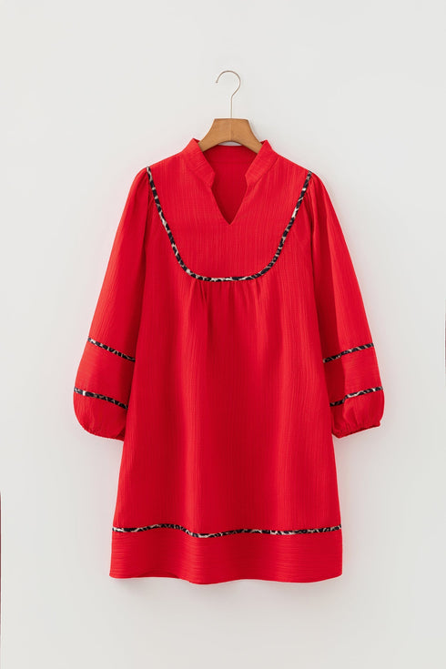 Textured Leopard Print V Neck Long Sleeve Shift Mini Dress