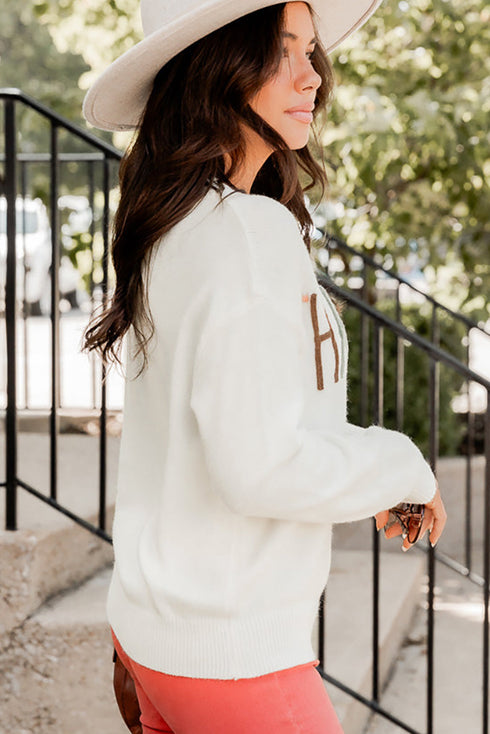 Textured Letter Graphic Crew Neck Sweater