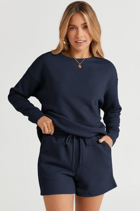 Textured Long Sleeve Top And Drawstring Lounge Short Sets