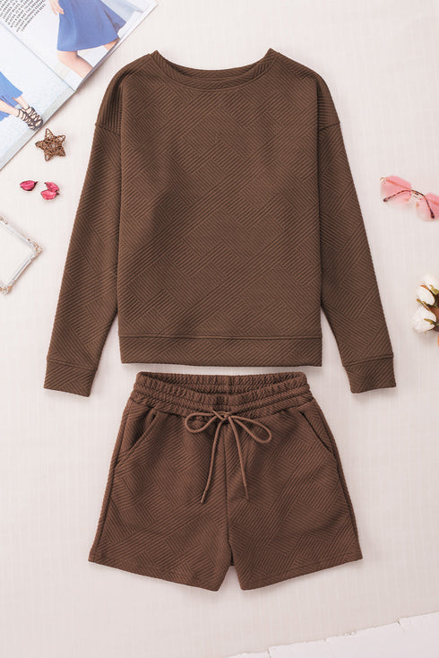 Textured Long Sleeve Top And Drawstring Lounge Short Sets