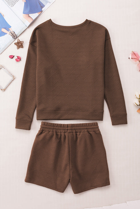 Textured Long Sleeve Top And Drawstring Lounge Short Sets