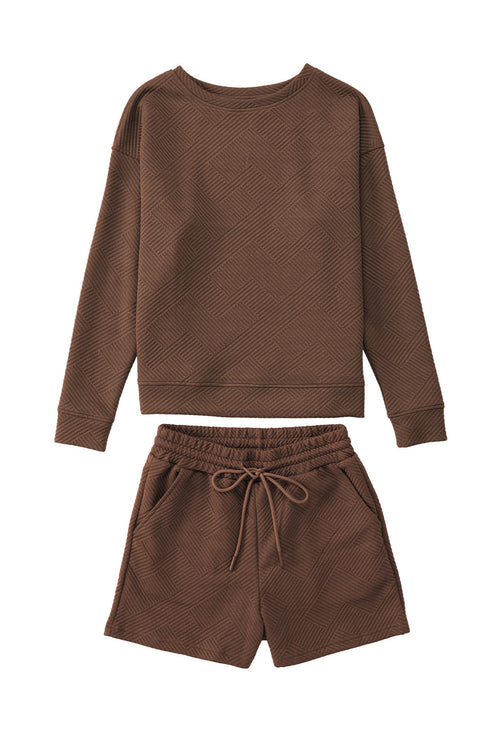 Textured Long Sleeve Top And Drawstring Lounge Short Sets