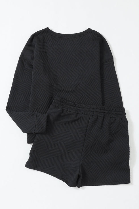 Textured Long Sleeve Top And Drawstring Lounge Short Sets