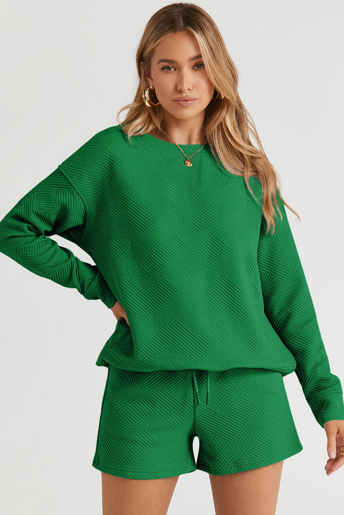 Textured Long Sleeve Top And Drawstring Lounge Short Sets