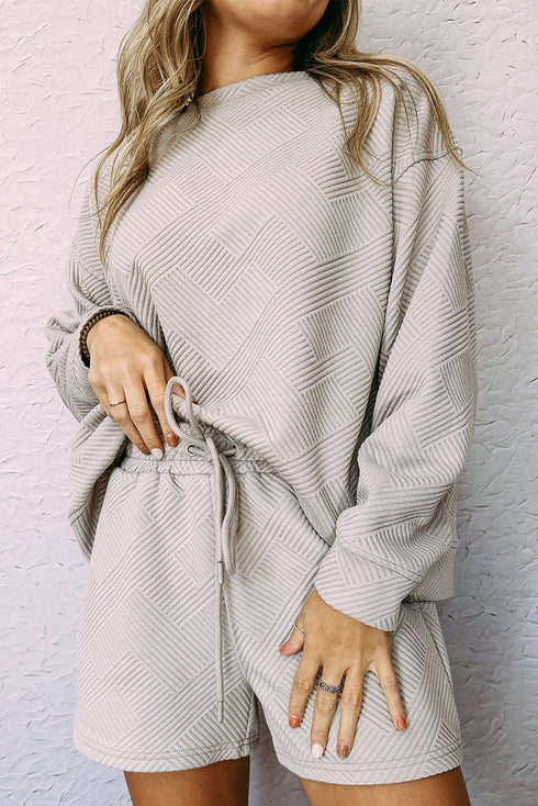 Textured Long Sleeve Top And Drawstring Lounge Short Sets