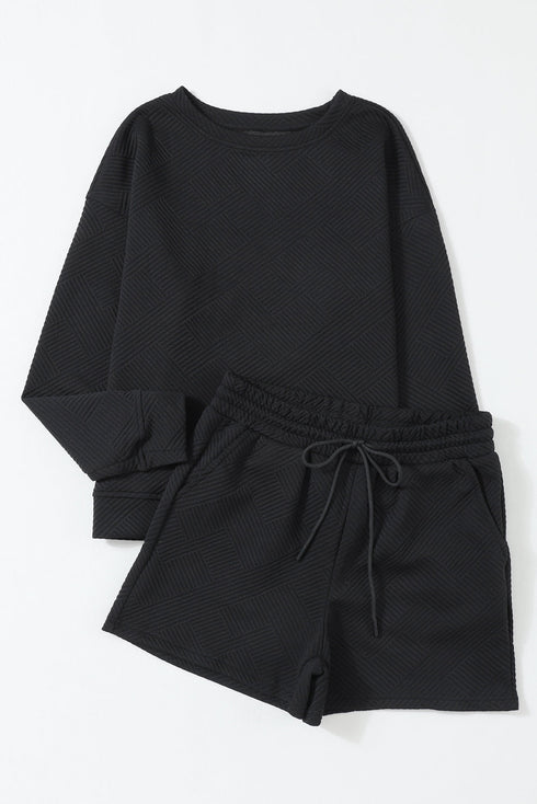 Textured Long Sleeve Top And Drawstring Lounge Short Sets