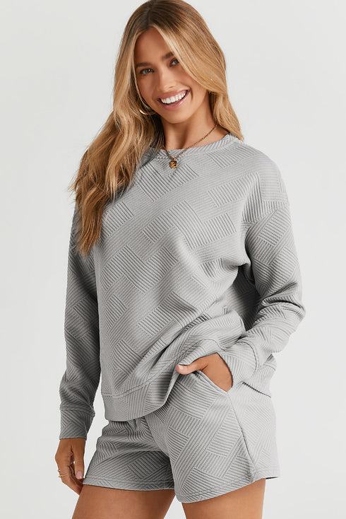 Textured Long Sleeve Top And Drawstring Lounge Short Sets
