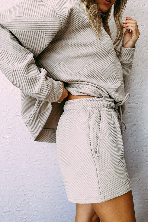 Textured Long Sleeve Top And Drawstring Lounge Short Sets