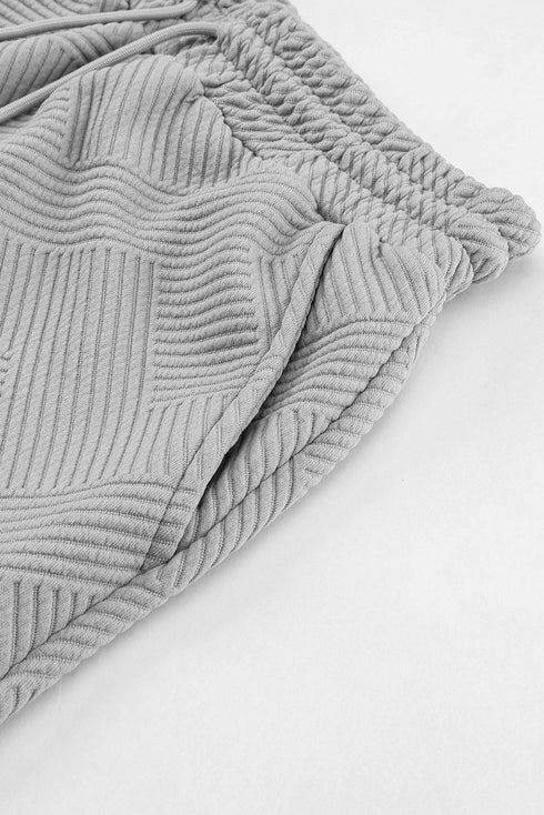 Textured Long Sleeve Top And Drawstring Lounge Short Sets
