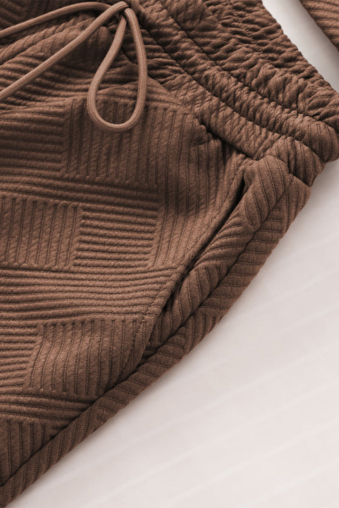 Textured Long Sleeve Top And Drawstring Lounge Short Sets