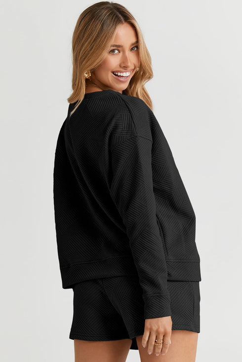 Textured Long Sleeve Top And Drawstring Lounge Short Sets