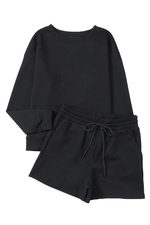 Textured Long Sleeve Top And Drawstring Lounge Short Sets