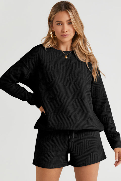 Textured Long Sleeve Top And Drawstring Lounge Short Sets