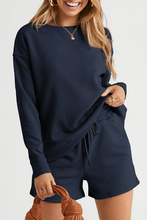 Textured Long Sleeve Top And Drawstring Lounge Short Sets