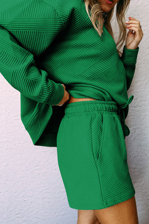 Textured Long Sleeve Top And Drawstring Lounge Short Sets