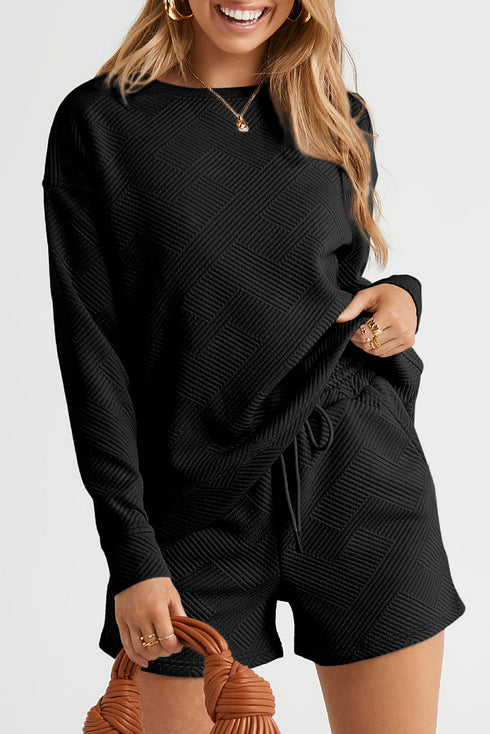 Textured Long Sleeve Top And Drawstring Lounge Short Sets