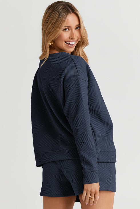 Textured Long Sleeve Top And Drawstring Lounge Short Sets