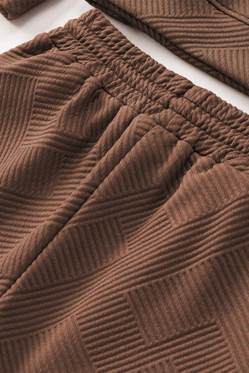 Textured Long Sleeve Top And Drawstring Lounge Short Sets