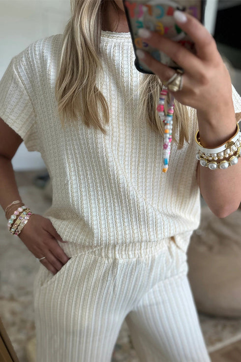 Textured Loose Short Sleeve Wide Leg Cropped Pant Set