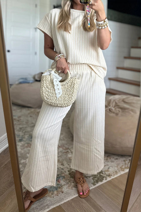 Textured Loose Short Sleeve Wide Leg Cropped Pant Set