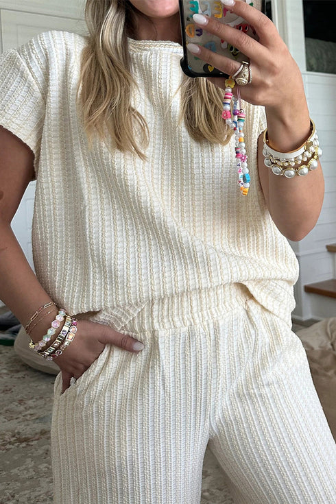 Textured Loose Short Sleeve Wide Leg Cropped Pant Set