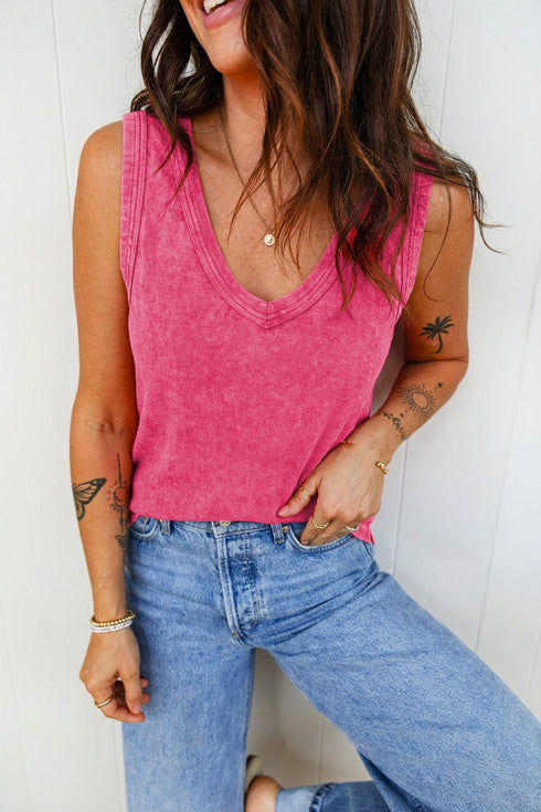 Textured Mineral Wash V Neck Tank Top