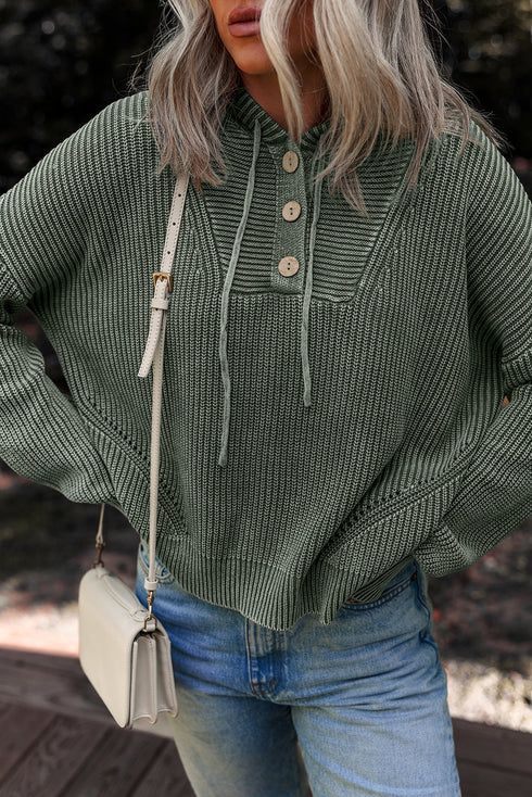 Textured Mixed Knit Button Front Hooded Sweater