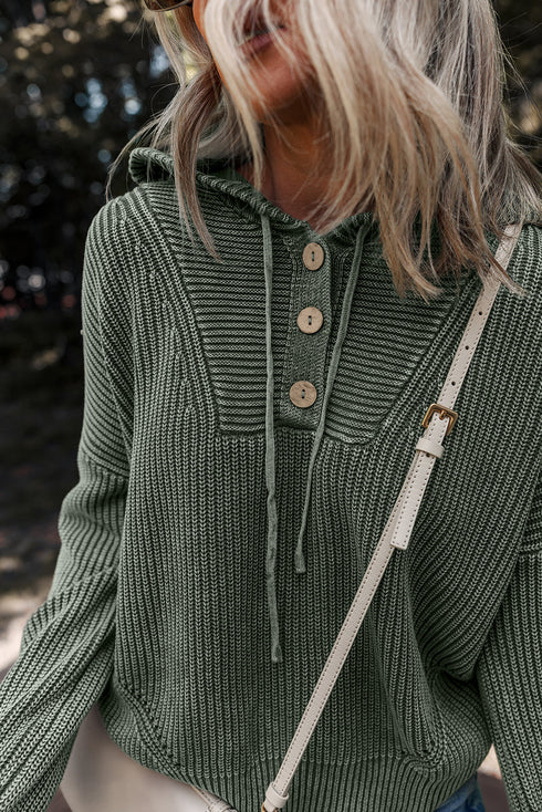 Textured Mixed Knit Button Front Hooded Sweater