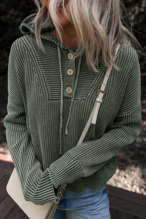 Textured Mixed Knit Button Front Hooded Sweater