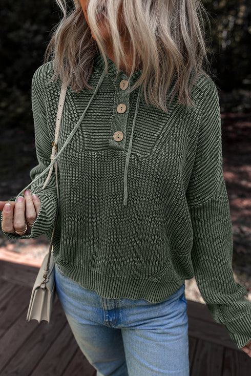 Textured Mixed Knit Button Front Hooded Sweater