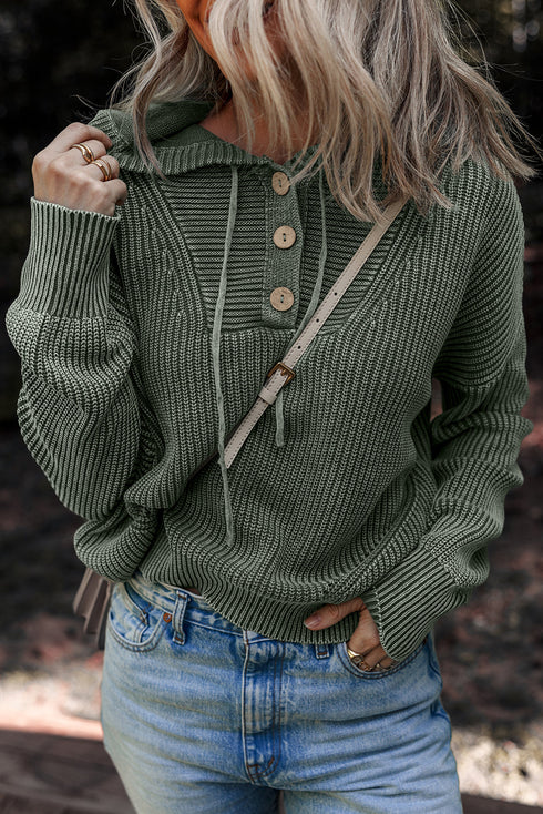 Textured Mixed Knit Button Front Hooded Sweater